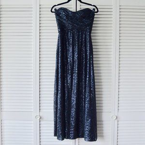 AMSALE Size 4 Strapless Midi Dark Blue Sequin Dress | Size 4